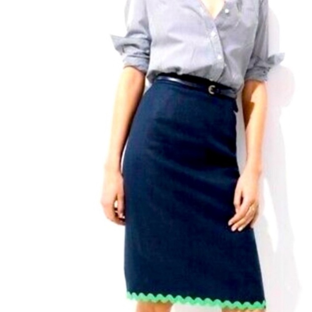 J. Crew Navy Pencil Skirt with Green Trim